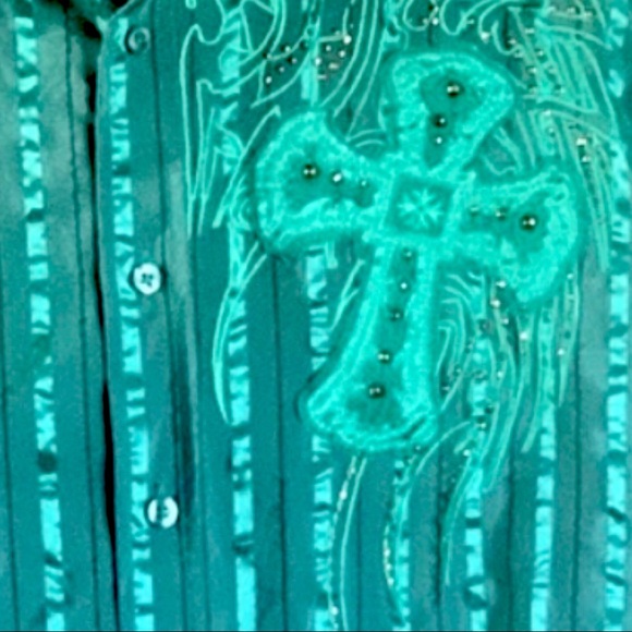 Danesi Jeans Striped teal top with crosses - Picture 2 of 3